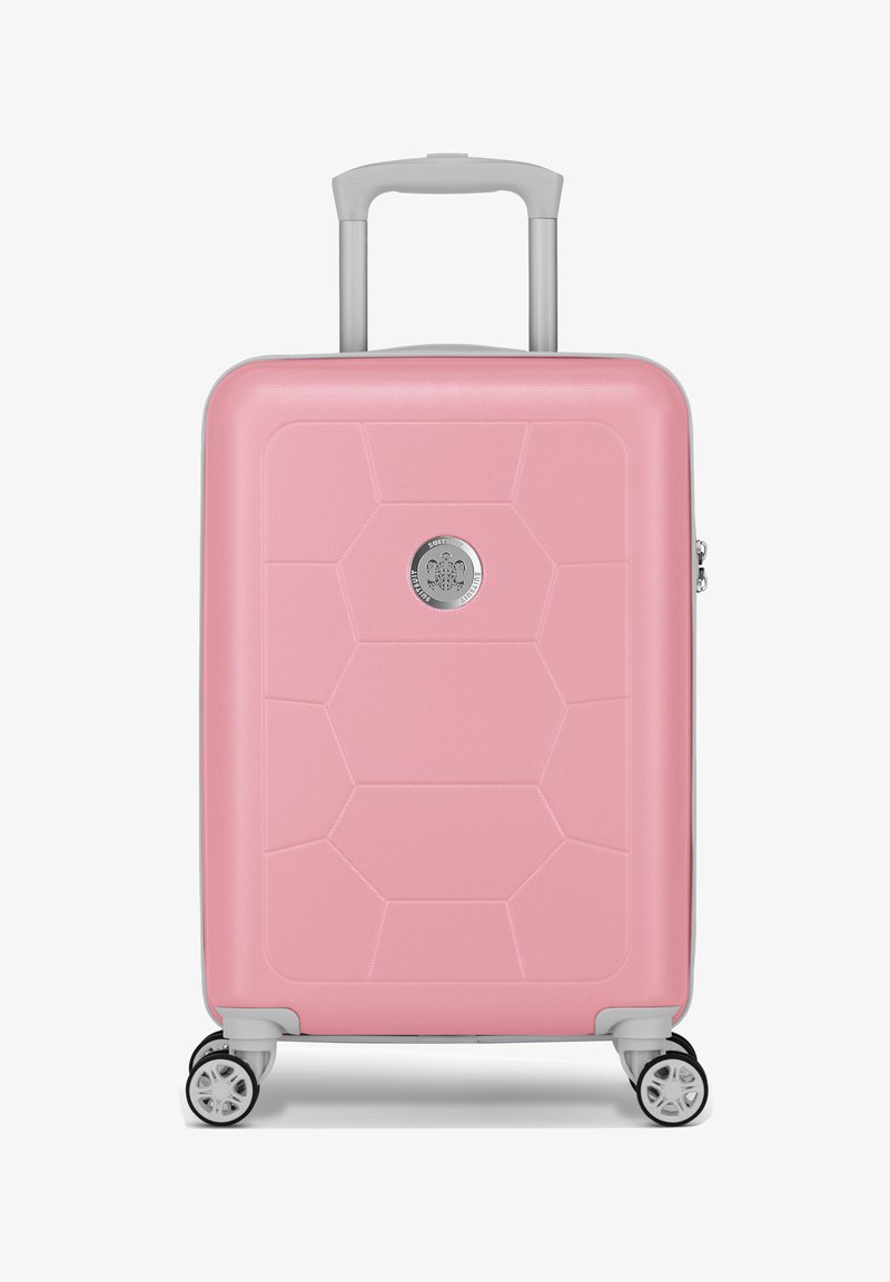 Hard-shell roze koffer met een geometrisch patroon, zilveren hardware, uitschuifbare handgreep en vier multi-directionele wielen.