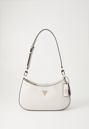 White synthetic handbag with a curved shape, black trim, adjustable strap, gold hardware, and a logo triangle on the front.