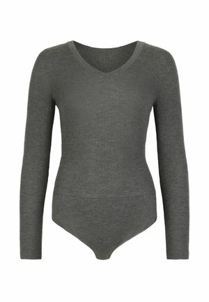 Grå långärmad bodysuit med V-ringning, ribbad struktur och en tight passform. Har en slät, sömlös nederkant.