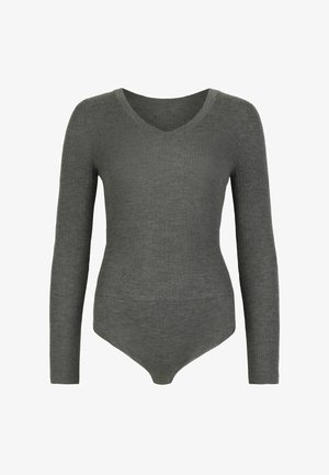Body grigio a maniche lunghe con scollatura a V, texture a costine e design aderente. Presenta un taglio inferiore liscio e senza cuciture.