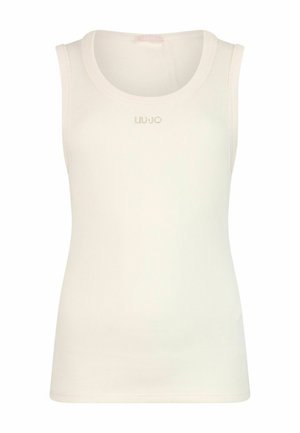 Camiseta de tirantes blanca con textura acanalada y escote redondo, con un sutil logotipo "LIU JO" en dorado claro en la parte frontal. Textura lisa y diseño sin mangas.