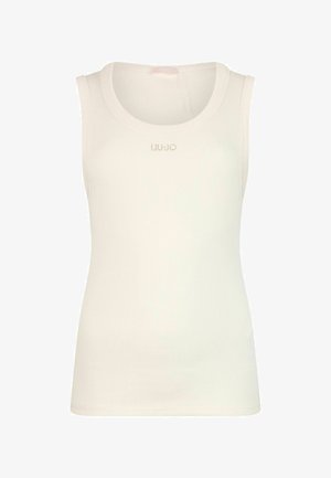 Débardeur blanc côtelé avec un col rond, arborant une discrète marque "LIU JO" en doré clair sur le devant. Texture lisse et design sans manches.