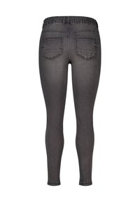 Grijze denimlegging met een elastische tailleband, voorzien van twee achterzakken en een aansluitende silhoelette. Glad materiaal met een lichte glans.