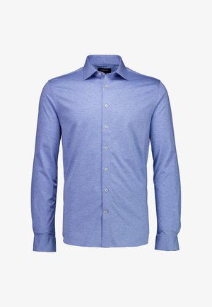 Lichtblauw shirt met lange mouwen van gestructureerde stof, voorzien van een puntige kraag en een knoopsluiting aan de voorkant met bijpassende knopen.