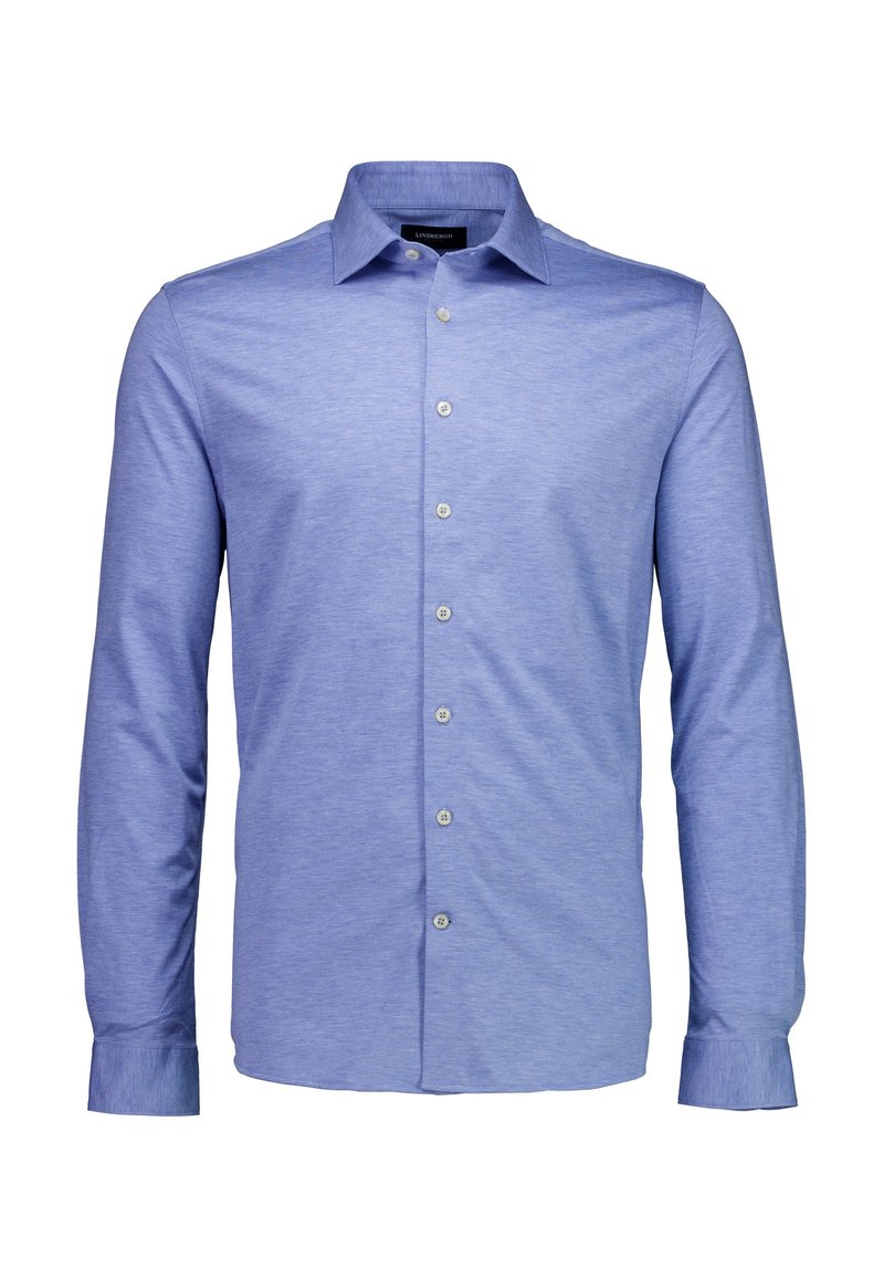 Jasnoniebieska koszula z długim rękawem wykonana z teksturowanej tkaniny, z trójkątnym kołnierzykiem i zapięciem na guziki z przodu, z dopasowanymi guzikami.