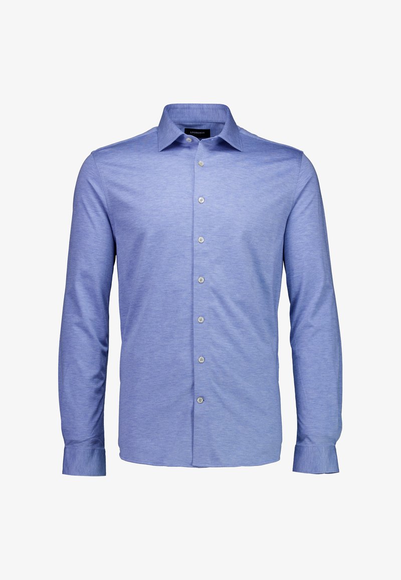 Jasnoniebieska koszula z długim rękawem wykonana z teksturowanej tkaniny, z trójkątnym kołnierzykiem i zapięciem na guziki z przodu, z dopasowanymi guzikami.