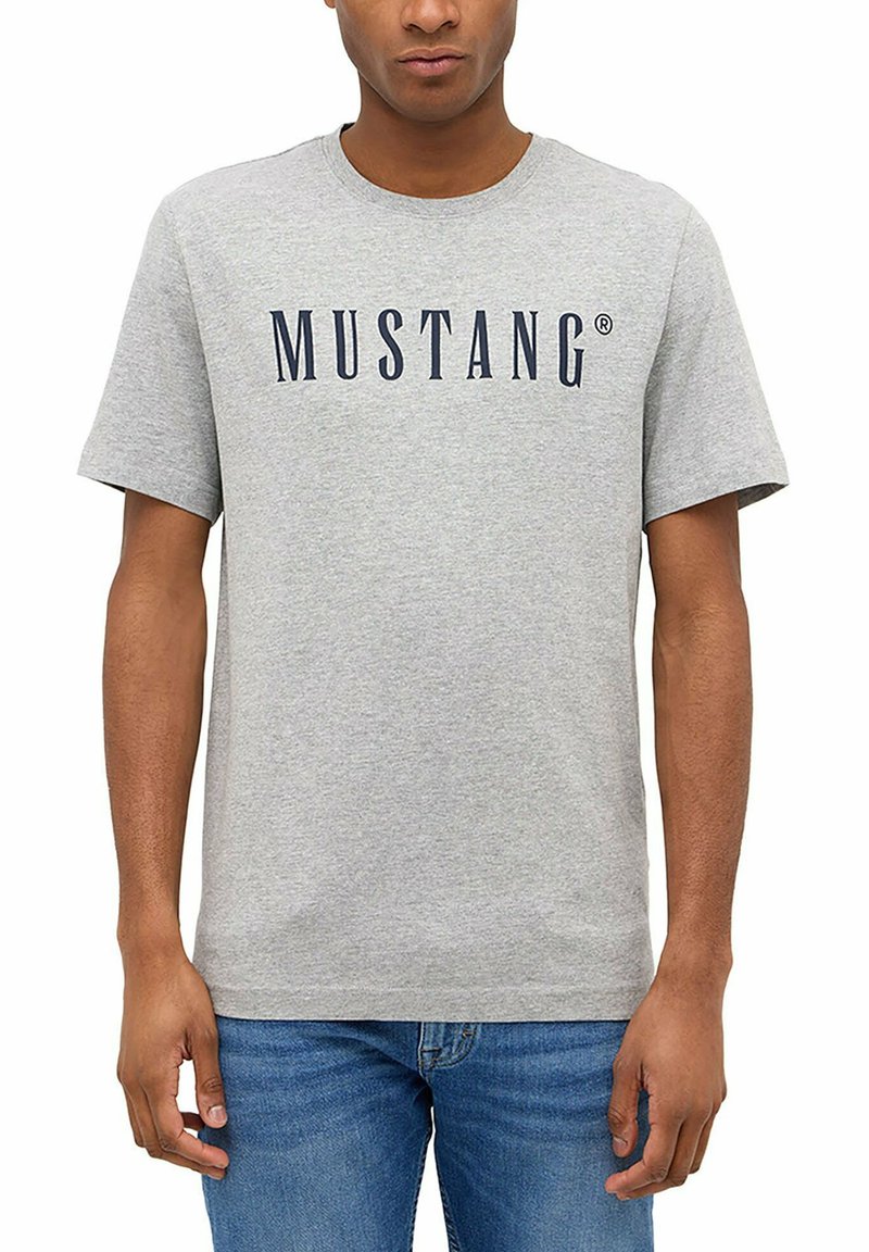 Gray cotton T-shirt with "MUSTANG" printed in dark blue on the chest. Short sleeves, round neck, and casual fit.