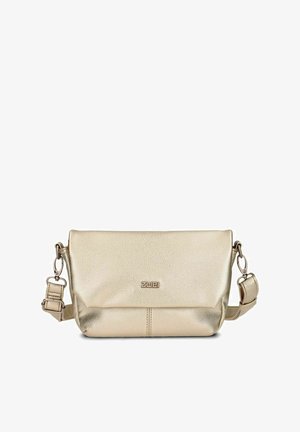 Metaalachtige gouden crossbody tas met een gemarmerd oppervlak, verstelbare schouderriem en een logo-detail aan de voorkant. Compact ontwerp met een ritssluiting.