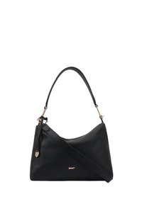 Sac à épaule en cuir noir avec un design courbé, bandoulière ajustable et quincaillerie dorée. Doté d'une fermeture éclair et d'un détail de marque.