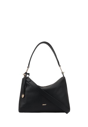 Sac à épaule en cuir noir avec un design courbé, bandoulière ajustable et quincaillerie dorée. Doté d'une fermeture éclair et d'un détail de marque.