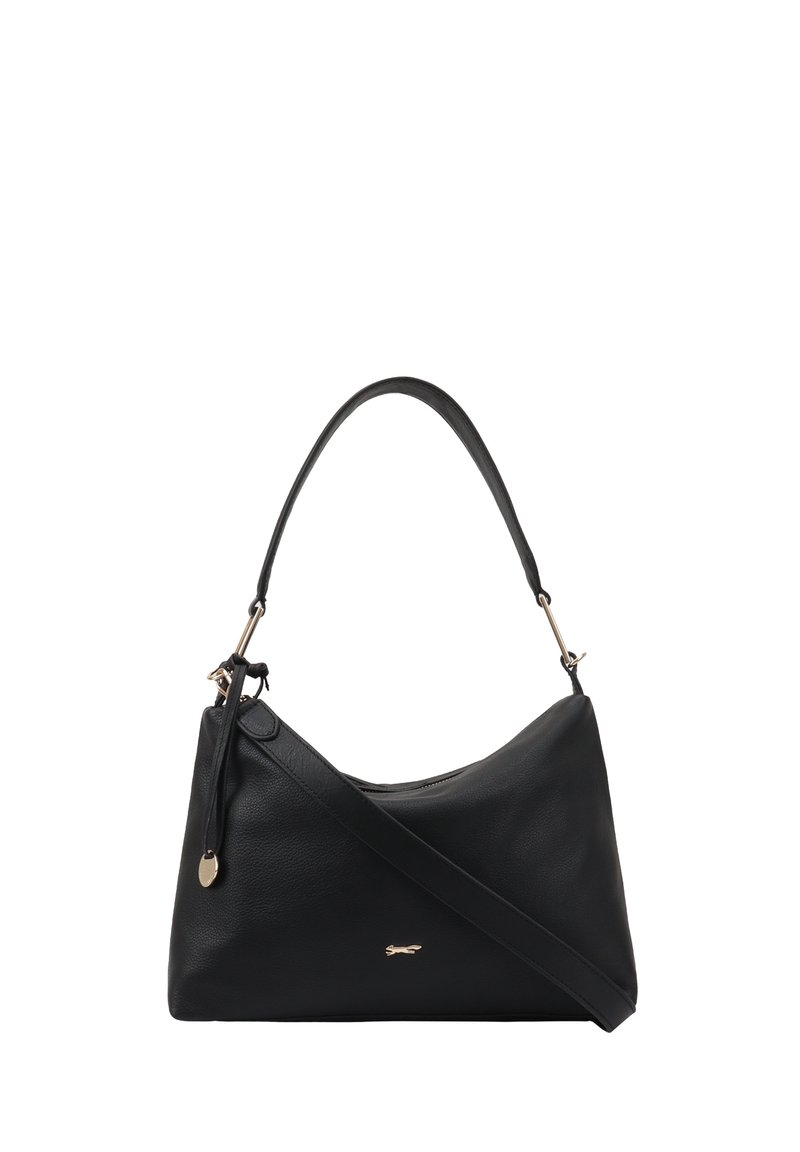 Sac à épaule en cuir noir avec un design courbé, bandoulière ajustable et quincaillerie dorée. Doté d'une fermeture éclair et d'un détail de marque.