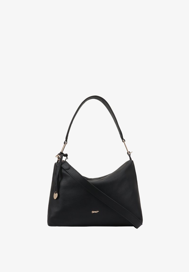 Sac à épaule en cuir noir avec un design courbé, bandoulière ajustable et quincaillerie dorée. Doté d'une fermeture éclair et d'un détail de marque.