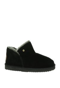 Botines de ante negro con un suave forro de piel de oveja gris, con punta redonda, tacón bajo y detalles de costura visibles.