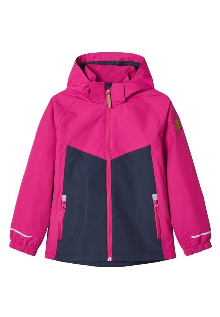 Růžová a námořnická modrá nepromokavá bunda s kapucí, se zipem vpředu, elastickými manžetami, dvěma zipovými kapsami a reflexními prvky.