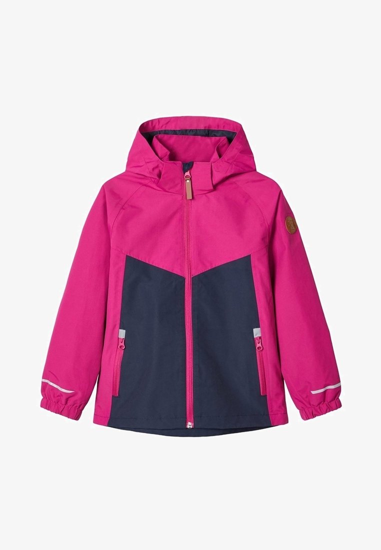 Růžová a námořnická modrá nepromokavá bunda s kapucí, se zipem vpředu, elastickými manžetami, dvěma zipovými kapsami a reflexními prvky.