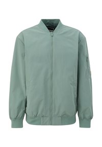 Veste bomber vert clair avec fermeture éclair devant, col, poignets, ourlet côtelés et poche zippée sur la manche gauche.