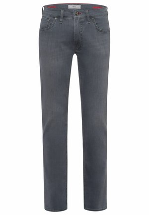 Pantalones vaqueros gris de corte recto para hombre con bolsillos delanteros, cierre de botones, trabillas para cinturón y costuras discretas en rojo en el interior de la cintura.