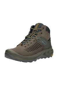 Bruine wandelschoen met een bovenwerk van suede en mesh, met een gestructureerd ontwerp en geperforeerde details. Vibram-zool voor grip en duurzaamheid.