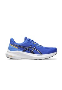 Chaussure de sport bleue avec une tige en mesh respirant, des accents noirs et jaunes, une semelle intermédiaire blanche rembourrée et une semelle extérieure durable.