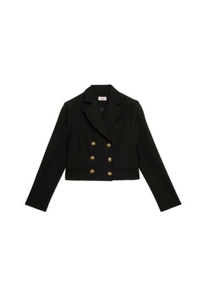 Blazer nero corto con design doppiopetto, bottoni dorati e risvolto a punta. Tessuto liscio e due tasche frontali.