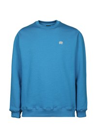 Modrá mikina vyrobená z bavlneného zmesi, s okrúhlym výstrihom, dlhými rukávmi, rebrovanými manžetami a malým logom slona na hrudi.