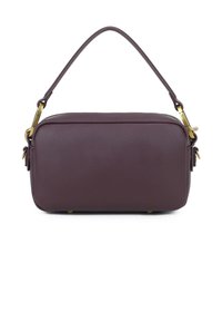 Borsa a mano in pelle viola scuro con texture a pallini, forma rettangolare, dettagli in metallo dorato e un manico superiore singolo.