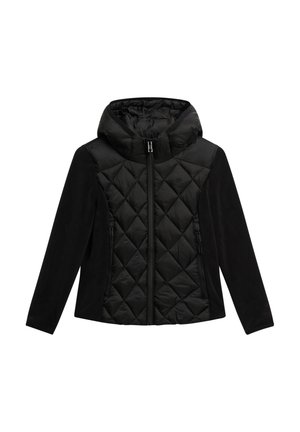 Veste noire avec un devant matelassé, des manches douces et une capuche. Deux poches zippées à l'avant ; fabriquée avec des matériaux mixtes pour la chaleur.