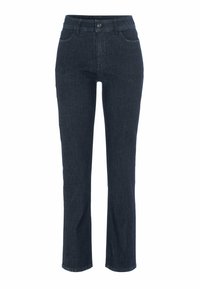 Mörkblå raka jeans i denim med framfickor och knäppning i midjan, visade på en vit bakgrund.