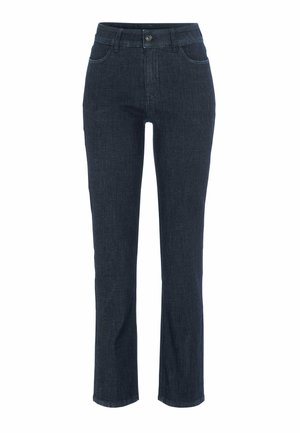 Dunkelblaue, gerade geschnittene Jeans aus Denim mit Fronttaschen und einem Knopfverschluss an der Taille, auf einem weißen Hintergrund präsentiert.
