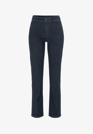 Mørkeblå jeans med lige ben og frontlommer samt knaplukning i taljen, vist på en hvid baggrund.