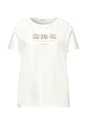 T-shirt blanc à manches courtes avec col rond, présentant trois carrés abstraits à imprimé animal beige et le texte "La Vita Da Bohème café capri Italy" à l'avant.