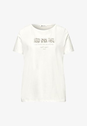T-shirt blanc à manches courtes avec col rond, présentant trois carrés abstraits à imprimé animal beige et le texte "La Vita Da Bohème café capri Italy" à l'avant.