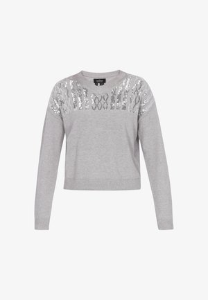 Szürke, rövid szabású pulóver V kivágással, hosszú ujjakkal, és különböző geometriai mintákkal díszített strasszokkal az elülső felső részén.