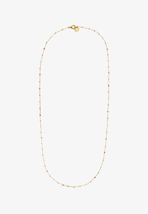 Collar de cadena de oro con cuentas multicolores en rojo, amarillo y azul, espaciadas de manera uniforme a lo largo de la cadena, con cierre de broche.