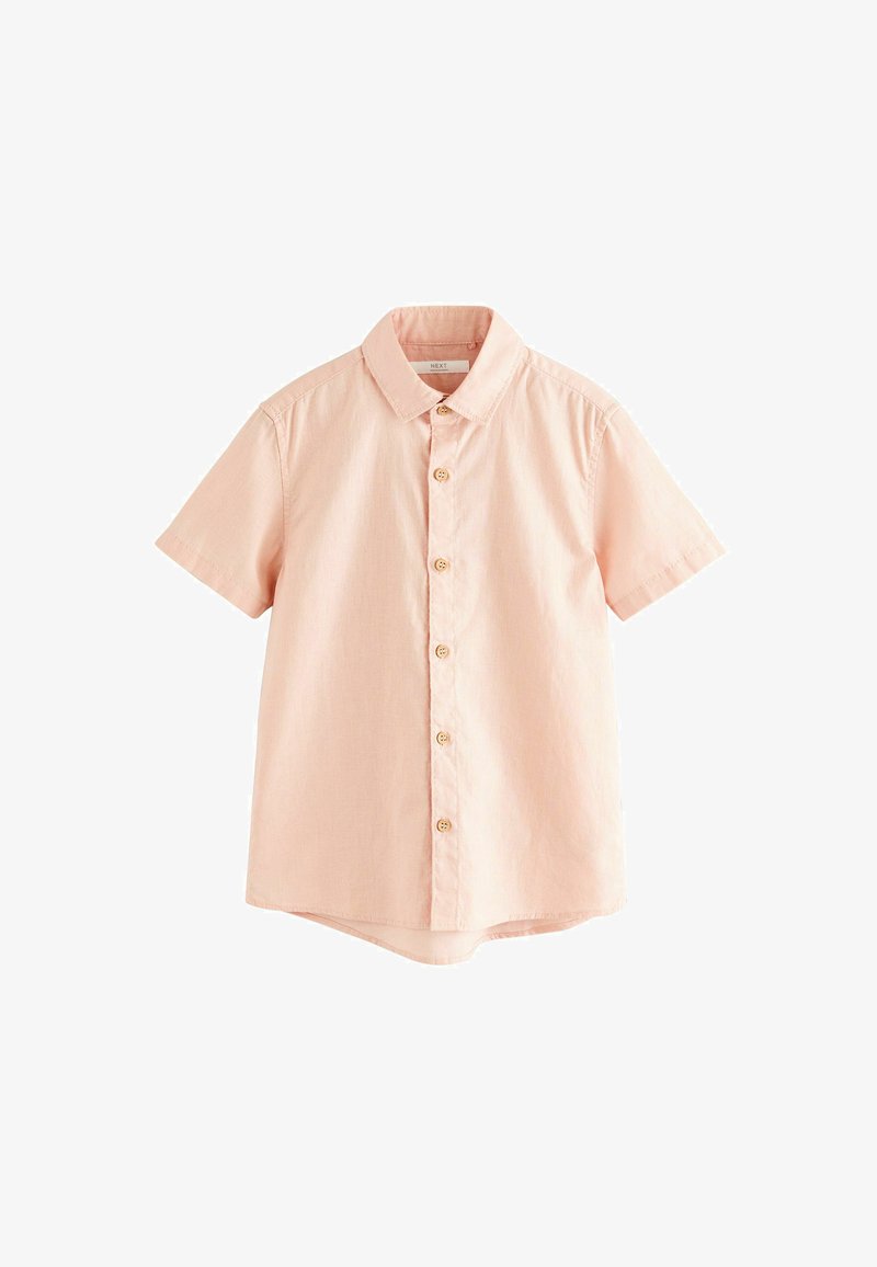 Chemise rose clair à manches courtes avec col et boutons en bois, posée à plat sur fond blanc.