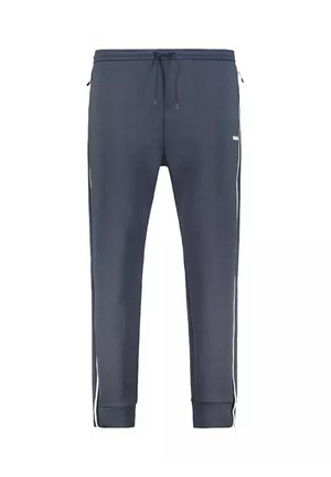 Dunkelgraue Sporthose mit elastischem Bund, Kordelzug, seitlichen Taschen und weißen Streifen an den Seiten.