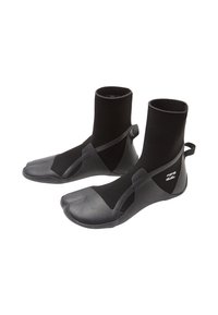 Black neoprene water socks with a textured rubber sole, ankle length, featuring a smooth finish and adjustable straps for secure fit.