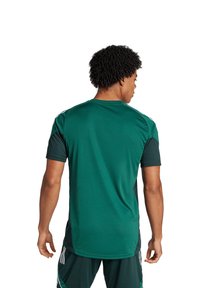 T-shirt de sport vert à manches courtes, avec des panneaux latéraux en vert foncé contrastant et un col rond. Texture de tissu lisse.