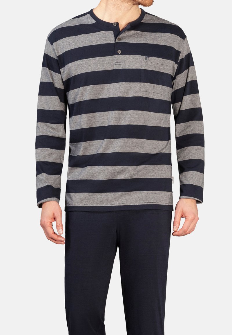 Langärmliges Hemd mit navy- und grauen Horizontalstreifen, einem Henley-Ausschnitt mit zwei Knöpfen und einer Brusttasche. Aus Baumwollmaterial.
