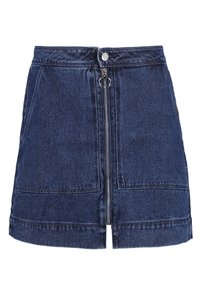 Gonna mini in denim blu scuro con cerniera frontale, chiusura a bottone e due grandi tasche frontali.