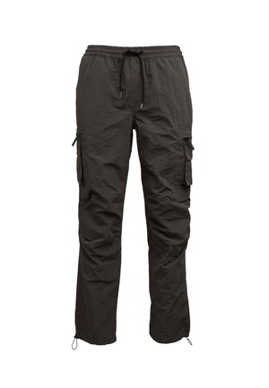 Dunkelgraue Cargo-Hose mit einem elastischen Bund und Kordelzug. Verfügt über mehrere Taschen und verstellbare Bündchen für eine legerere Passform.