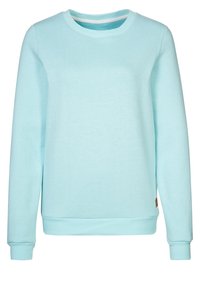 Ljust blå långärmad crewneck-tröja med ribbad mudd och nederkant, uppvisad på en platt vit bakgrund.