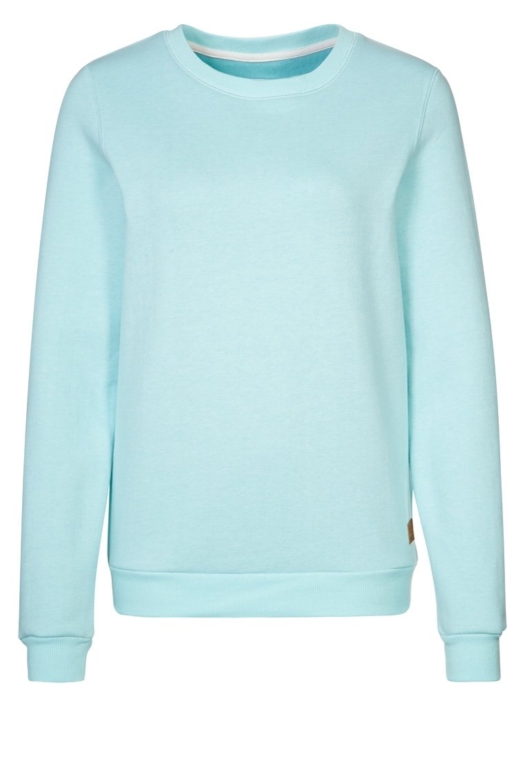 Ljust blå långärmad crewneck-tröja med ribbad mudd och nederkant, uppvisad på en platt vit bakgrund.