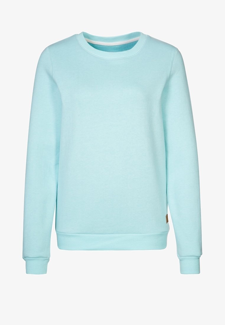 Ljust blå långärmad crewneck-tröja med ribbad mudd och nederkant, uppvisad på en platt vit bakgrund.