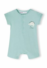 Une salopette en coton bleu clair avec des manches courtes, des boutons-pression à l'avant et un motif de dinosaure. Présente le texte : "sois brave comme un dinosaure !" en noir.