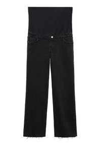 Jeans de maternidad negros con cintura elástica y dobladillos deshilachados, diseñados para la comodidad y la elasticidad durante el embarazo.