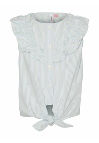 Maglietta senza maniche di colore azzurro chiaro con strisce verticali bianche, spalline arricciate e un nodo legato all'orlo. Quattro bottoni sul davanti visibili.