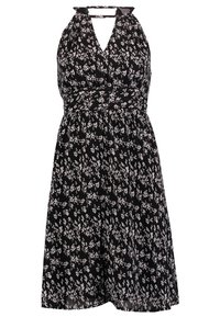 Black halter dress with a fitted bodice and a flared skirt. Features a floral white pattern and keyhole cutout at the neckline.