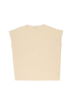 Top beige a maniche corte, collo a giro e vestibilità morbida con orlo dritto, mostrato su sfondo bianco.