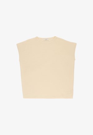 Beige top met korte mouwen, ronde hals en losse pasvorm met rechte zoom, afgebeeld op een witte achtergrond.